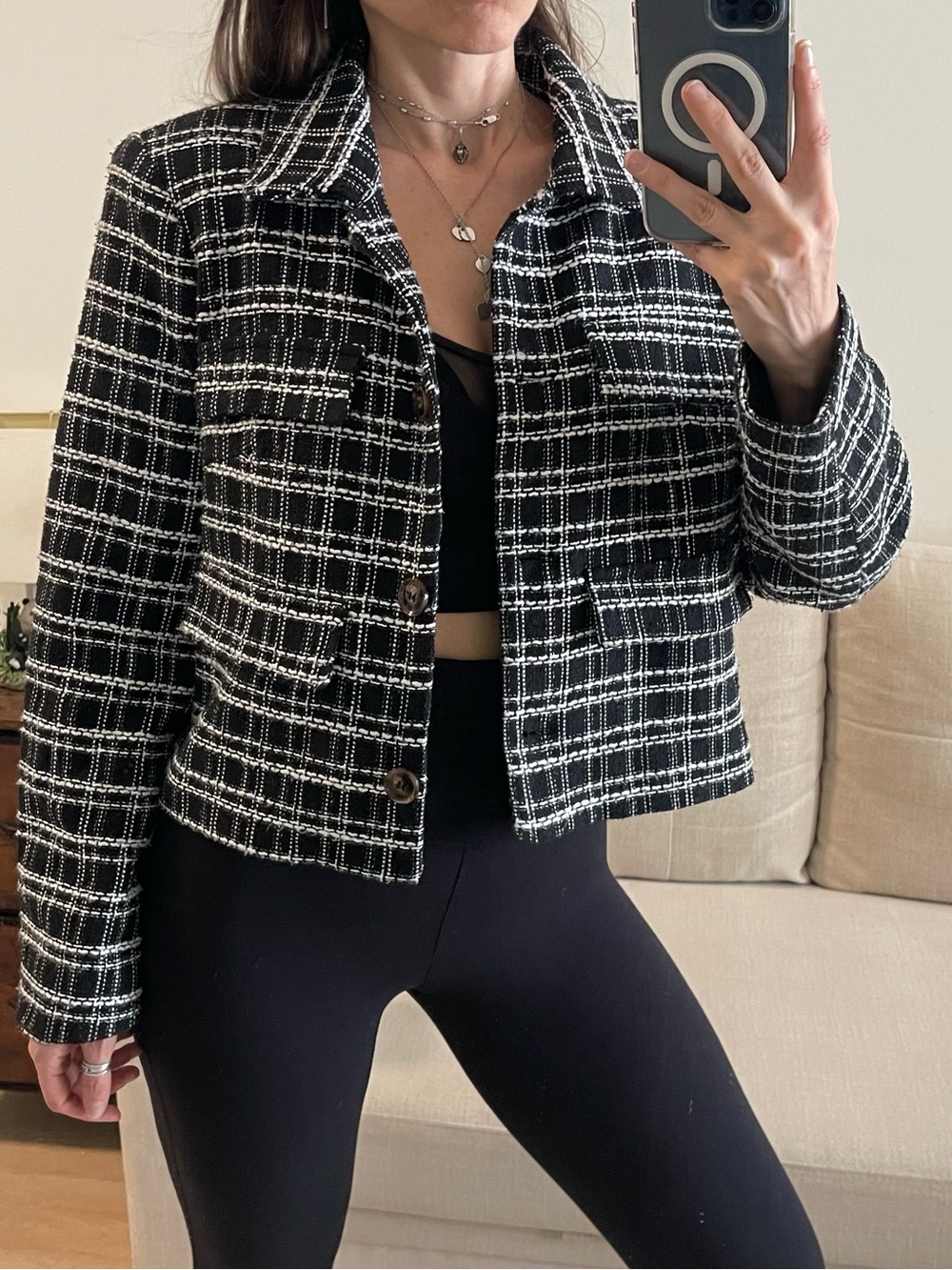 AQUA Black & White Plaid Tweed Cropped Jacket - Size L